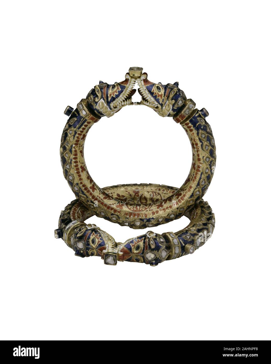 Bracelets with Confronting Makara Heads (Karas). 1801–1900. India. Gold, diamonds, and crystalline inset in the kundan technique, with polychrome enamel (minakari) Stock Photo