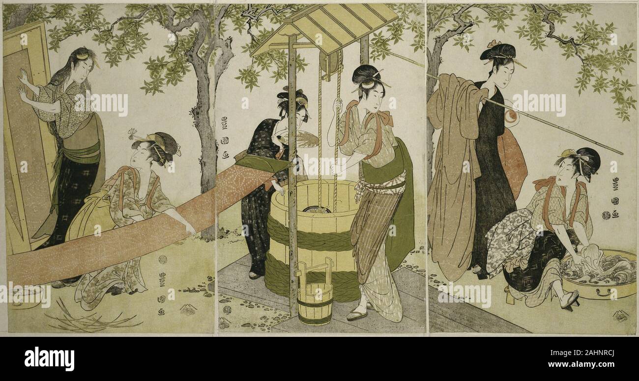 Utagawa Toyokuni I. Doing the Laundry by the Well Curb (Idobata no sentaku to araihari). 1790–1800. Japan. Color woodblock prints; oban triptych Stock Photo