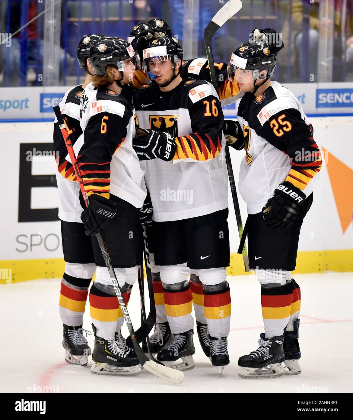 Hockey players of Germany, U20, celebrate a goal during the 2020 IIHF World Junior Ice Hockey Championships Group B match between Russia and Germany in Ostrava, Czech Republic, on December 31, 2019