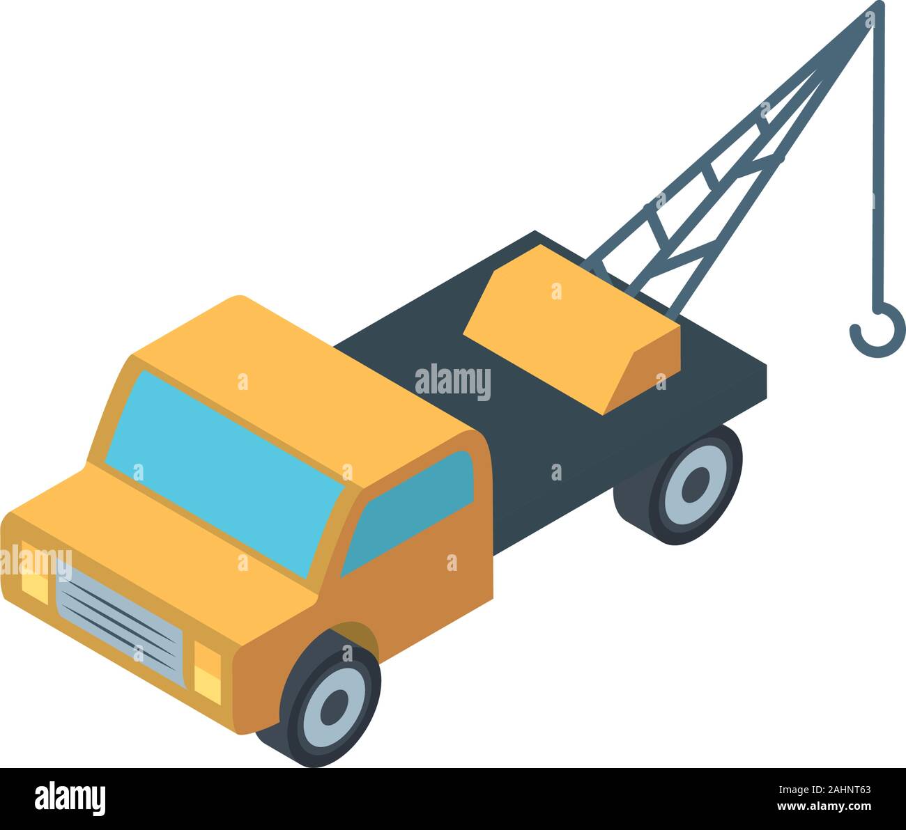 Yellow crane truck design of Construction working maintenance repairing progress labor
