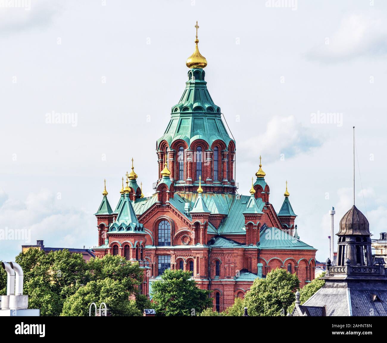 Towers of Uspenski Cathedral in Helsinki in Finland. Viewed from south. Stock Photo