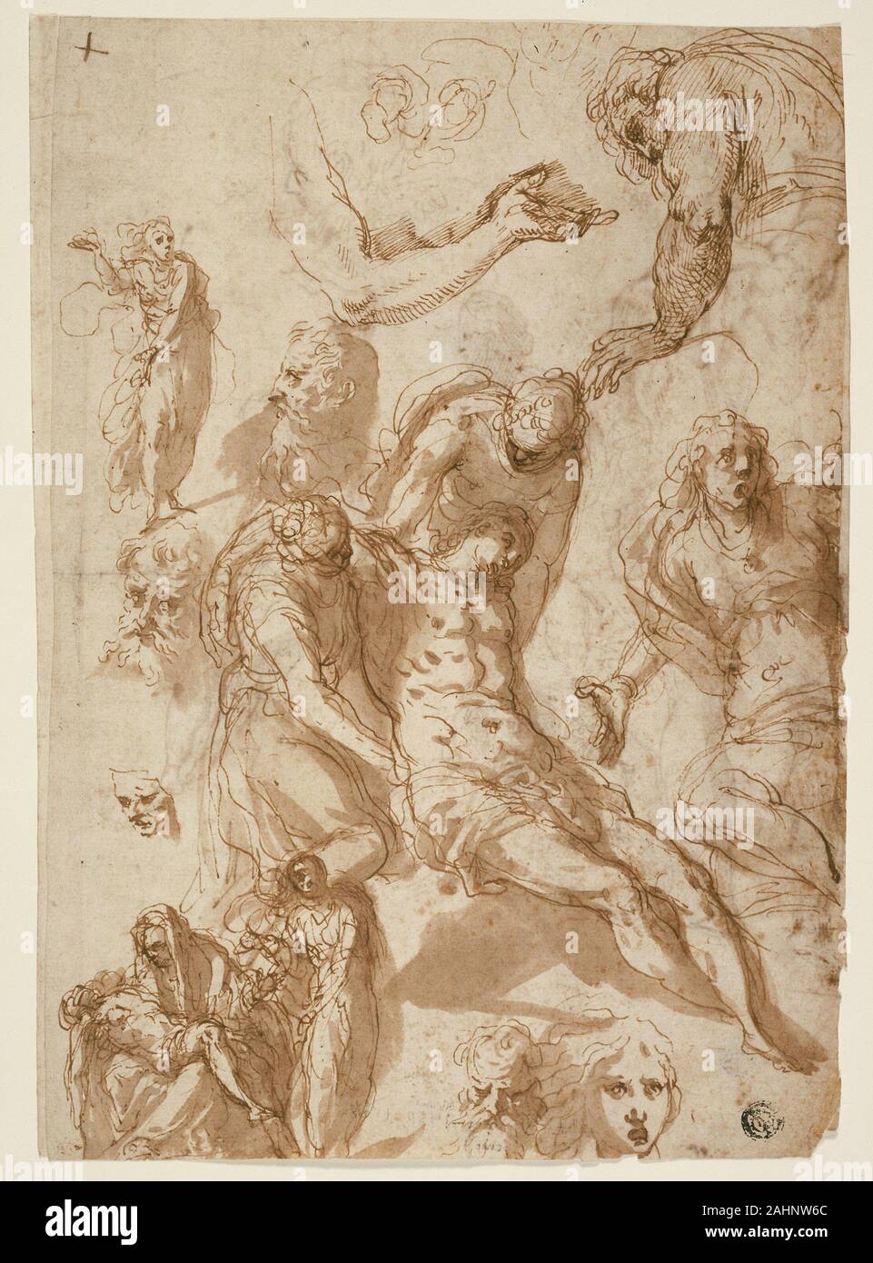 Jacopo Negretti, called Palma il Giovane. Sketches for a Lamentation and a Pietà, and of Various Figures, Heads, and an Arm (recto); Sketches of the Dead Christ, and of Various Figures and Heads (verso). 1575–1585. Italy. Pen and brown ink with brush and brown wash (recto and verso), on ivory laid paper Stock Photo