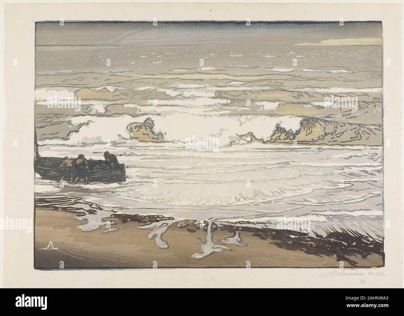 Louis Auguste Lepère. Breaking Waves, September Tide. 1901. France. Woodcut from three blocks in water-based colors on cream laid paper Louis-Auguste Lepére began his career as a commercial wood engraver, but in 1885 he decided to begin making his own original woodcuts. Moved by Japanese prints exhibited at the 1888 Exposition Internationale de Blanc et Noir and the 1889 Exposition Universelle, Lepére experimented with the color woodcut process. Breaking Waves pays homage to the ocean imagery popular in the islands of Japan and integrates a diagonally recessed shoreline with a horizon line jus Stock Photo