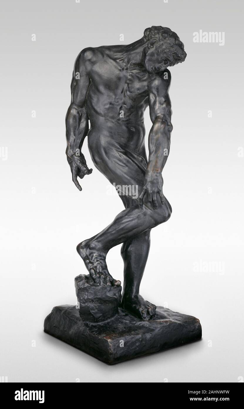 Auguste Rodin. Adam. 1876–1886. France. Bronze with dark brown patina Auguste Rodin’s powerfully expressive figure of Adam was originally intended to be paired with a sculpture of Eve, flanking a sculptured bronze portal commissioned by the French government for the Musée de Arts Décoratifs, Paris. For this monumental undertaking, which he entitled The Gates of Hell, Rodin turned to past Italian masters. Michelangelo’s Creation of Adam fresco on the ceiling of the Sistine Chapel in Rome (1508–12) inspired the pose of Rodin’s subject. Rodin rotated Michelangelo’s reclining Adam and transferred Stock Photo