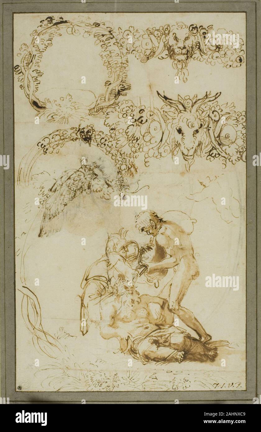 Annibale Carracci. Drunken Silenus and Decorative Sketches Studies for the Tazza Farnese (recto); Two Putti Fighting Study for the Galleria Farnese (verso). 1599–1601. Italy. Pen and iron gall ink, with brush and brown wash on cream laid paper edge mounted to cream laid paper (recto), and pen and iron gall ink on cream laid paper with decorative border in pen and brown ink (verso) Stock Photo