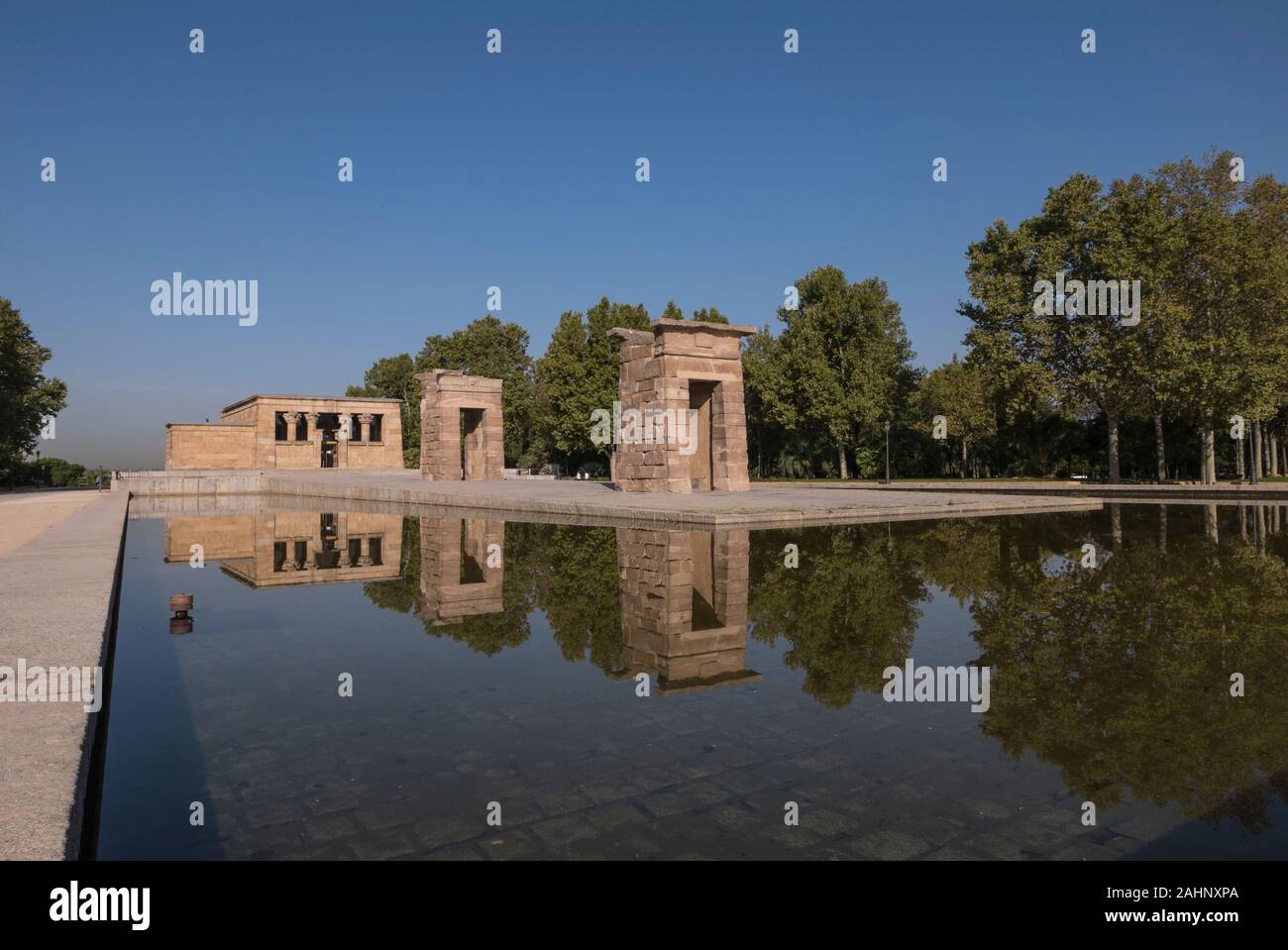 The Temple of Debod is an ancient Egyptian temple which was a gift to Spain was dismantled and rebuilt in Madrid, Spain. Stock Photo