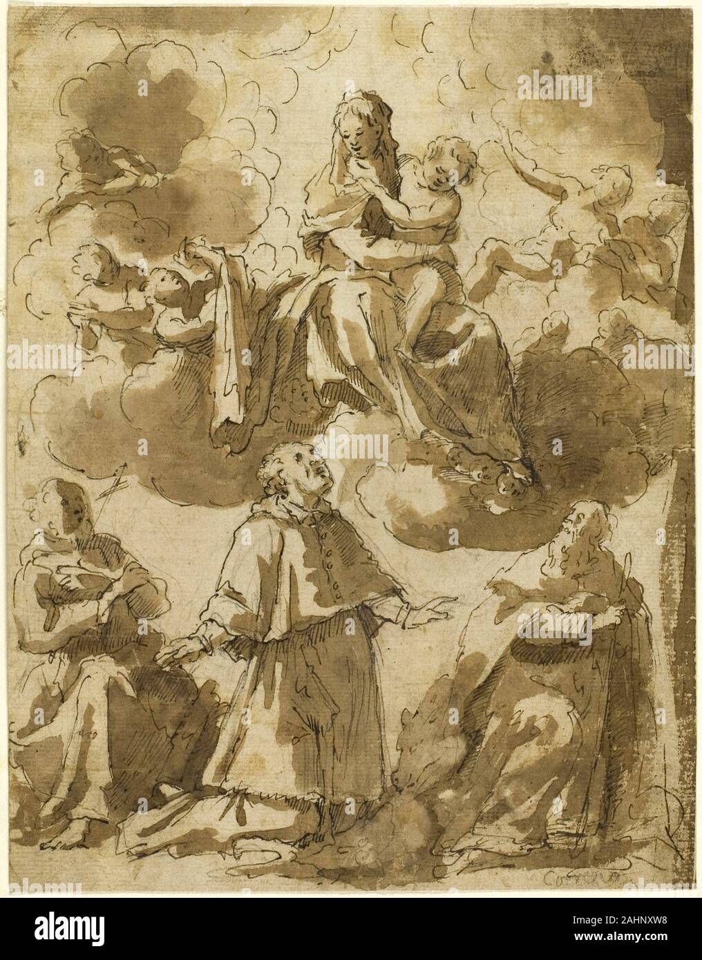 Francesco Vanni. Madonna and Child in Glory, with Three Male Saints Below. 1583–1625. Italy. Pen and brown ink, with brush and brown wash over black chalk, on buff laid paper, tipped onto ivory wove paper Stock Photo