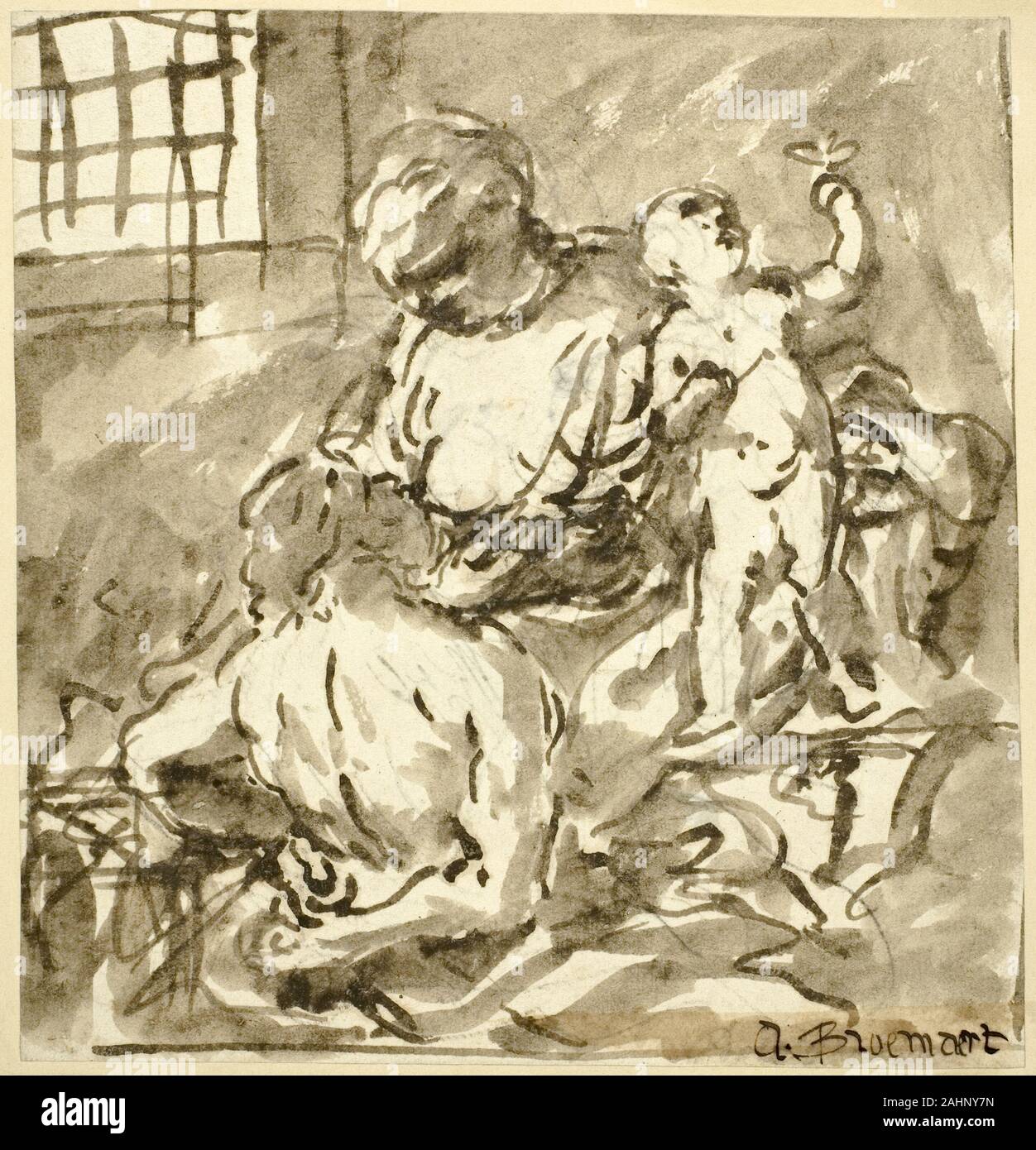 Abraham Bloemaert. Caritas Romana. 1584–1651. Netherlands. Brush and brown ink with wash, over traces of black chalk, on off white laid paper, laid down on cream card Stock Photo
