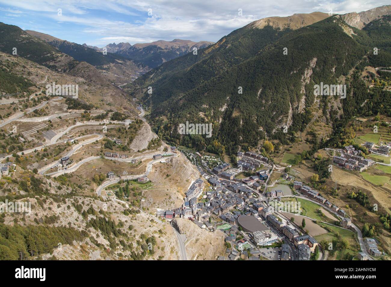 Valley of Canillo from Roc del Quer viewpoint, Canillo, Andorra. Stock Photo