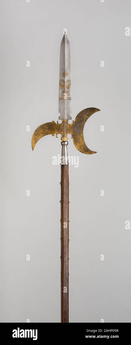 Halberd for Civic Guard of Cologne. 1650–1750. Austria. Steel, gold, wood (oak), and brass Stock Photo