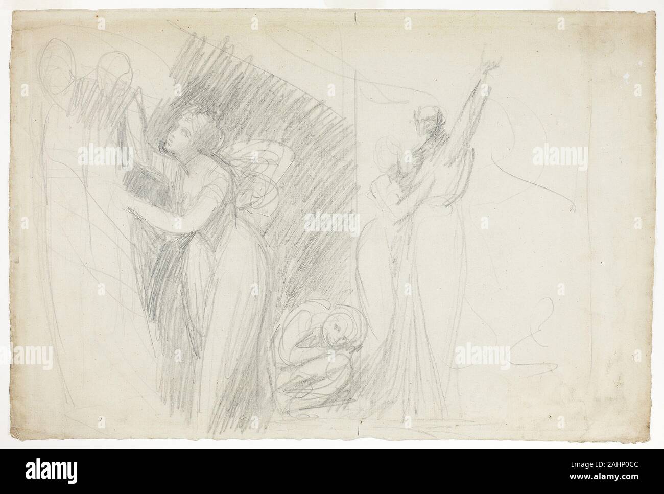 George Romney. Prospero, Miranda, and Caliban, from The Tempest. 1786. England. Graphite on ivory laid paper What appears to be a single multi-figured composition on this sheet are, in fact, two variant studies (divided by a vertical line right of center) for the shipwreck scene from Shakespeare’s comedy The Tempest.On the left side of the sheet, Miranda, daughter of the magician Prospero, implores her father to stop the storm he has unleashed. A few vertical lines and a pair of heads in alternate positions suggest the figure of Prospero. To Miranda’s immediate right crouches the monster Calib Stock Photo
