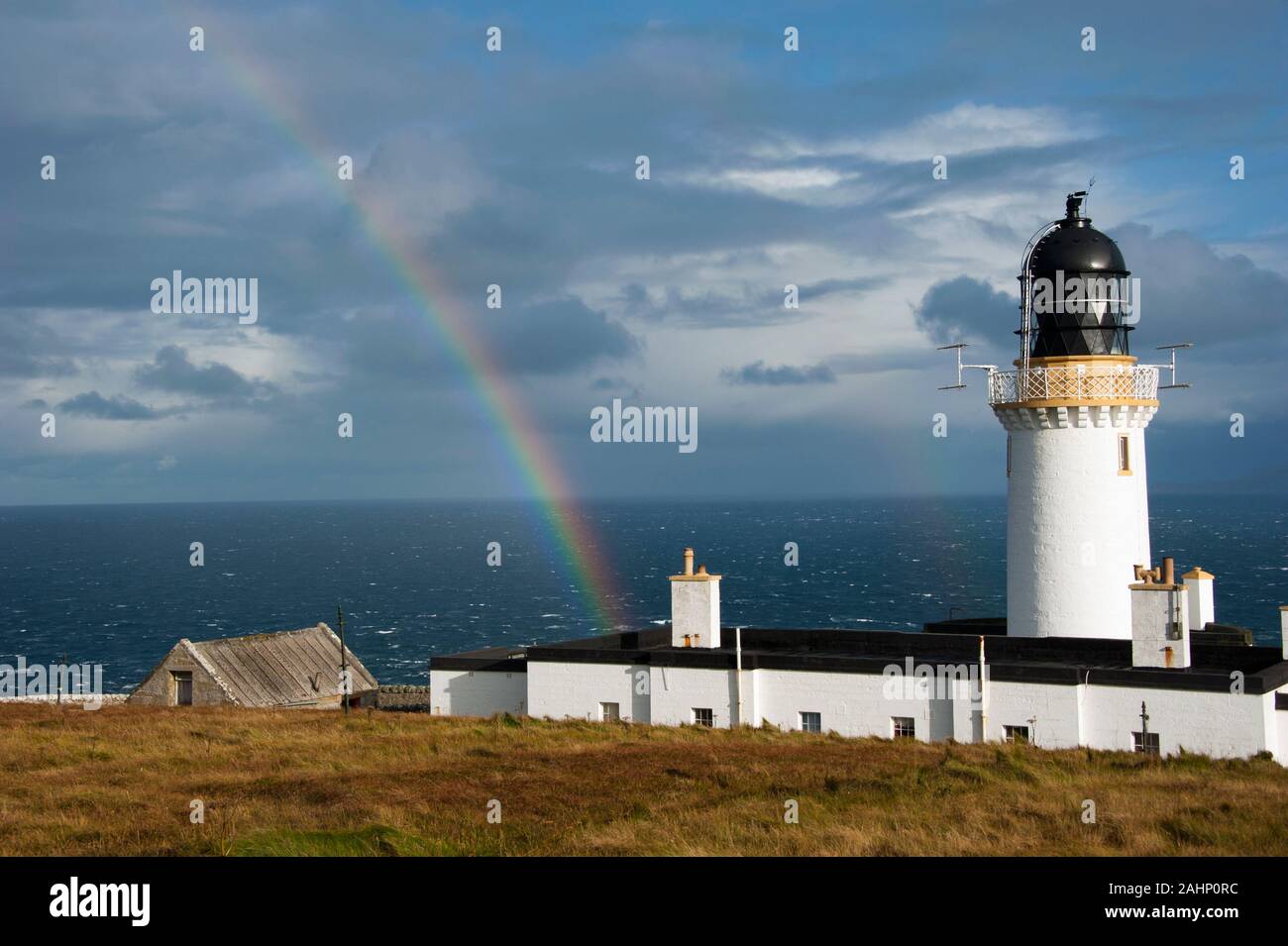 Lighthouse with rainbow, Dunnet Head, Scotland, Great Britain, Europe / most northerly point of mainland Britain, Easter Head |Leuchtturm mit Regenbog Stock Photo