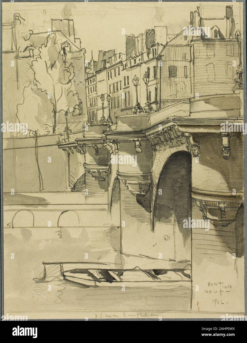 Donald Shaw MacLaughlan. View of the Pont Neuf. 1906. United States. Graphite with brush and gray and brown wash, on cream wove paper, hinged onto blue wove card Stock Photo