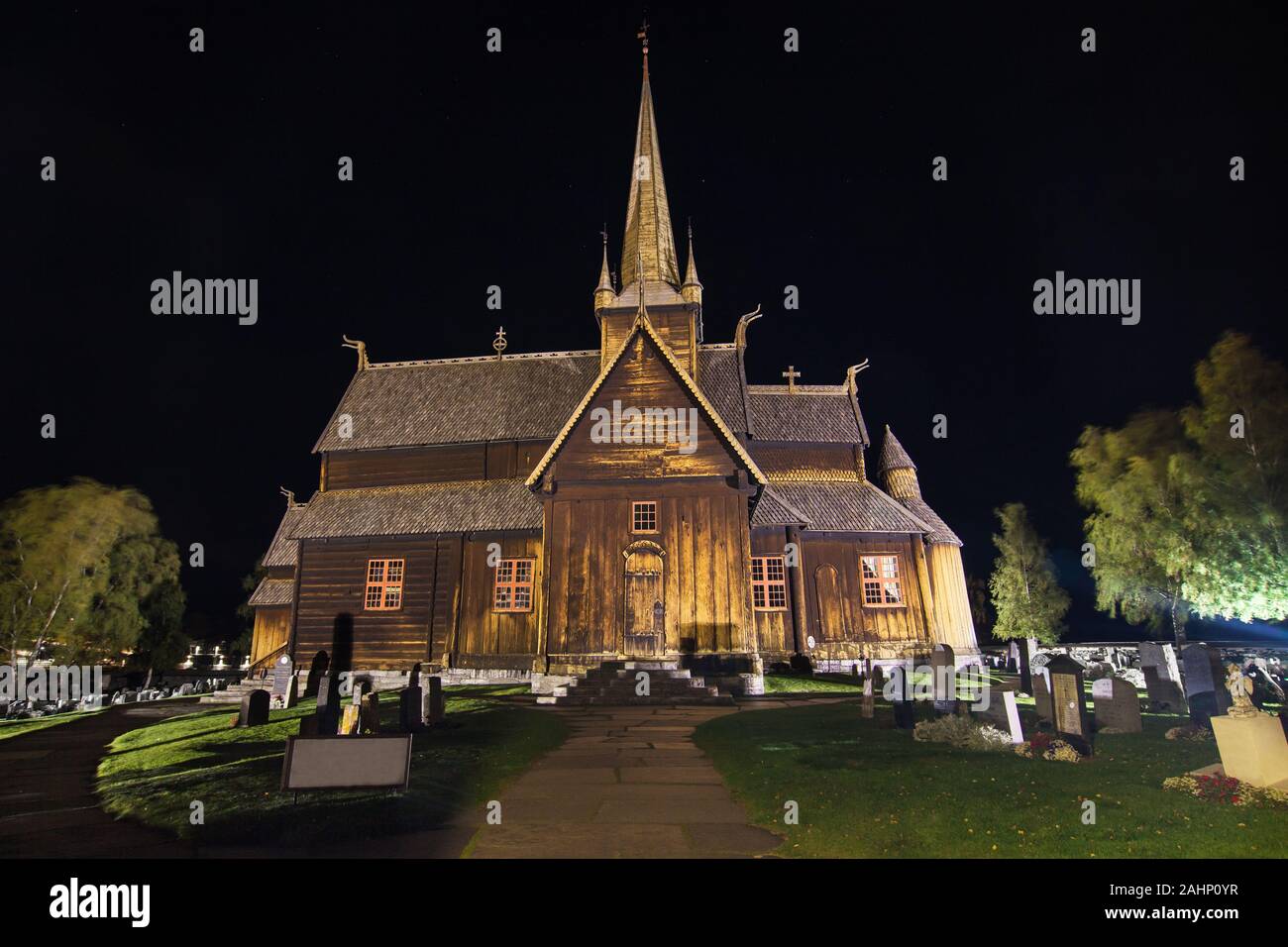 Lom Stave Church at night, Fossbergom, Oppland, Norway. Stock Photo