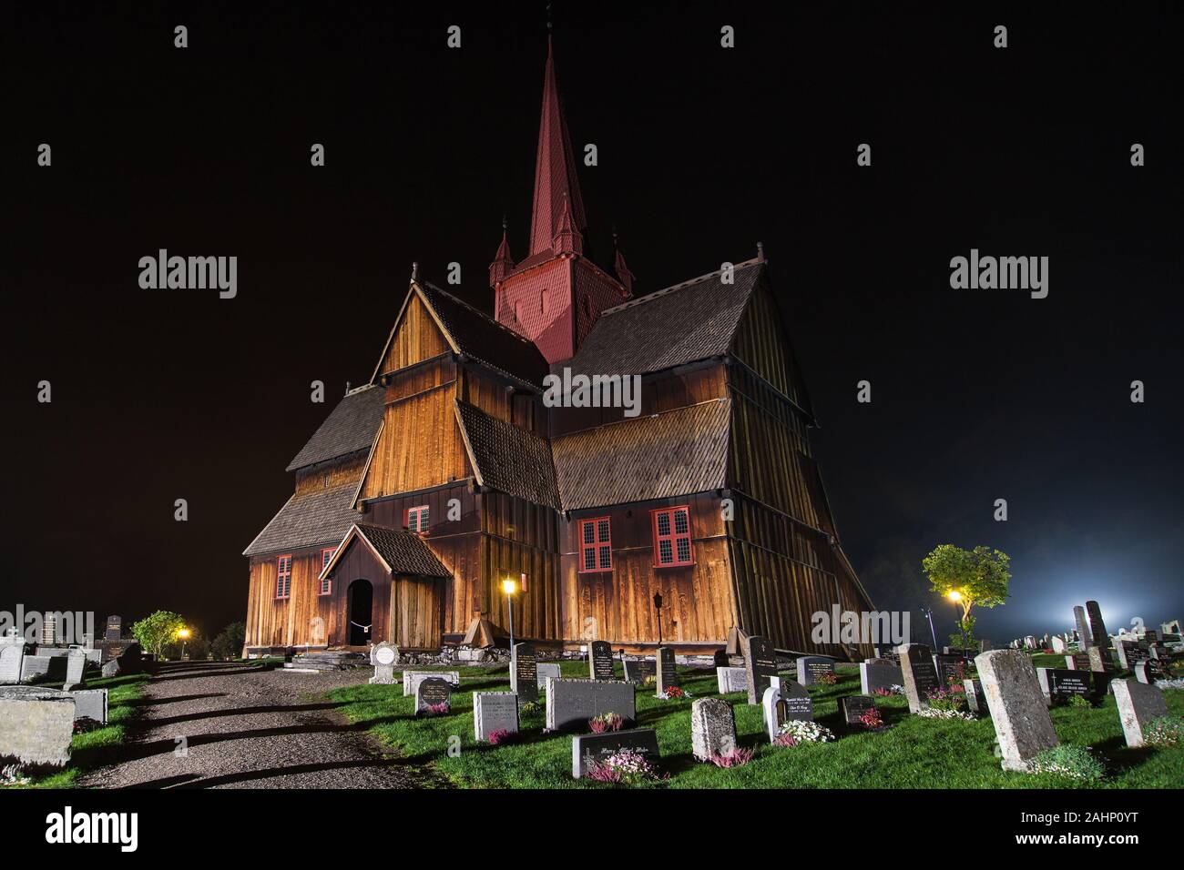 Ringebu Stave Church at night, Norway. Stock Photo