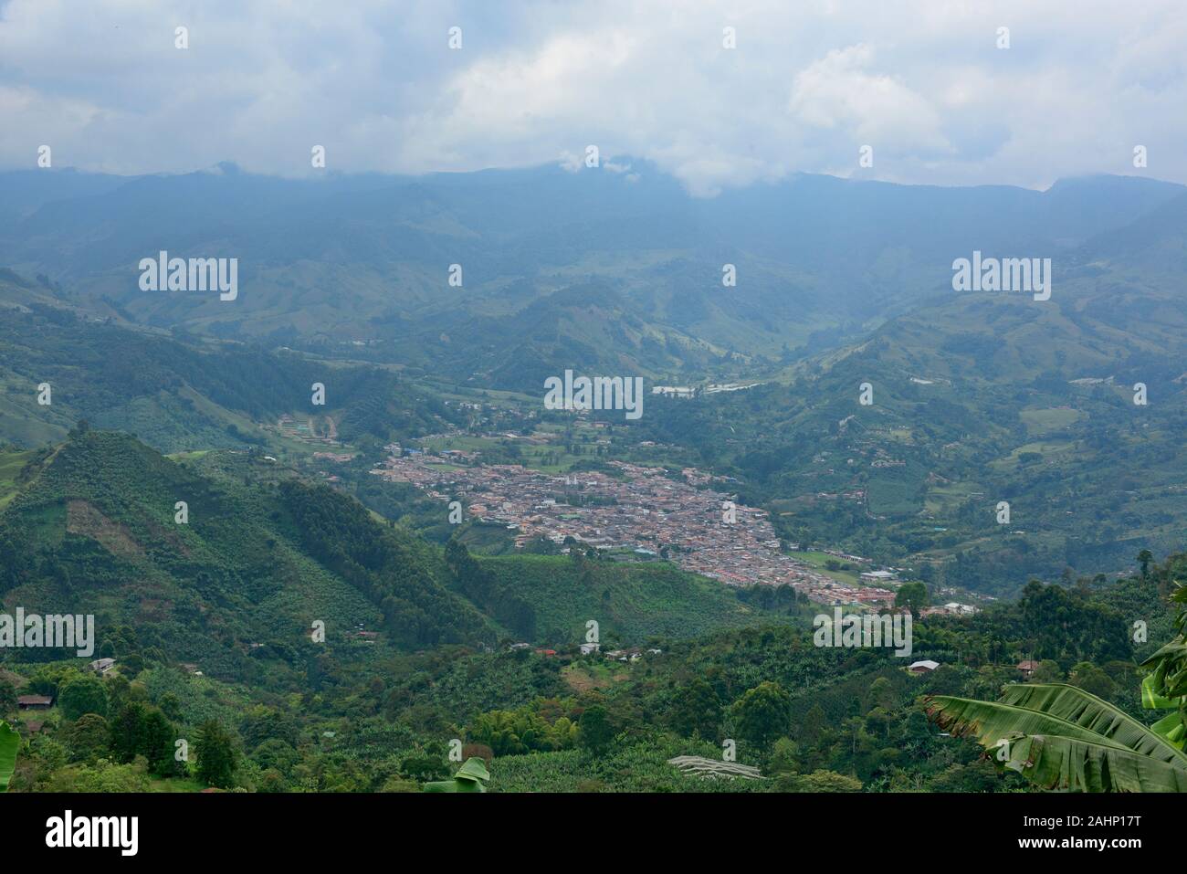 Birds eye view of the Andean town of Jardin, Antioquia, Colombia Stock Photo