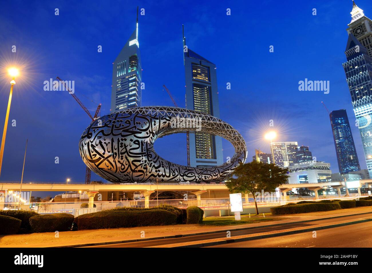 DUBAI, UAE - NOVEMBER 15: The construction of Museum of the Future in night illumination on November 15, 2019 in Dubai, UAE Stock Photo