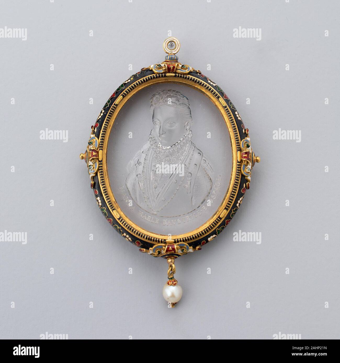 Pendant with Intaglio Portrait of Anna of Austria in Enameled Frame. 1800–1899. France. Intaglio rock crystalFrame enamel, glass, gold, and pearl This portrait had been thought to date about 1570, when Anna Maria of Austria married King Phillip II of Spain. It is likely, however, this refined intaglio image was carved after a contemporary painting but in the nineteenth century. The frame executed in a delicate process known as émail en résille sur verre emulated a seventeenth-century technique but was certainly done in the nineteenth century. Stock Photo