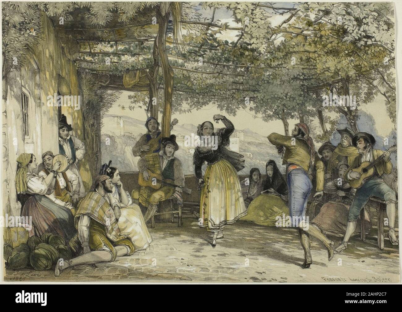 John Frederick Lewis. Spanish Peasants Dancing the Bolero. 1836. England. Lithograph in colors with additional hand- coloring on ivory wove paper Stock Photo