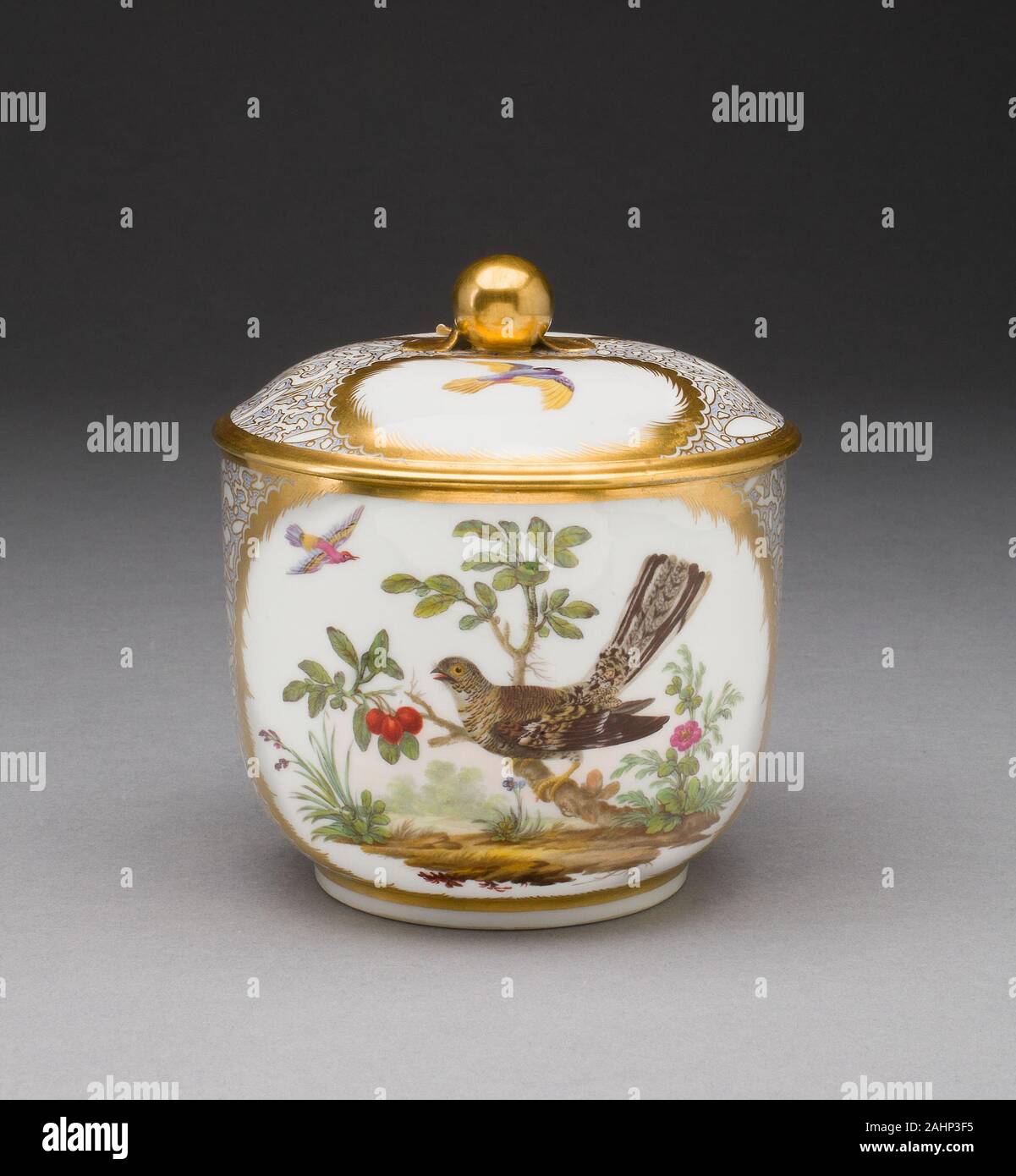Manufacture nationale de Sèvres (Manufacturer). Sugar Bowl. 1781. Sèvres. Hard-paste porcelain, polychrome enamels, gilding Bird painting has always been popular at Sèvres. The birds (oiseaux) on this sugar bowl are drawn from engravings in Histoire naturelle des oiseaux, an 18th-century natural history treatise by the French naturalist Georges-Louis Leclerc, comte de Buffon (1707–1788). These engravings were first used as source material at Sèvres in 1781. Stock Photo