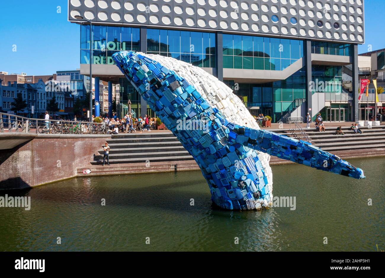 Large whale, called the Skyscraper, made of plastics from the oceans. Utrecht, The Netherlands. Stock Photo