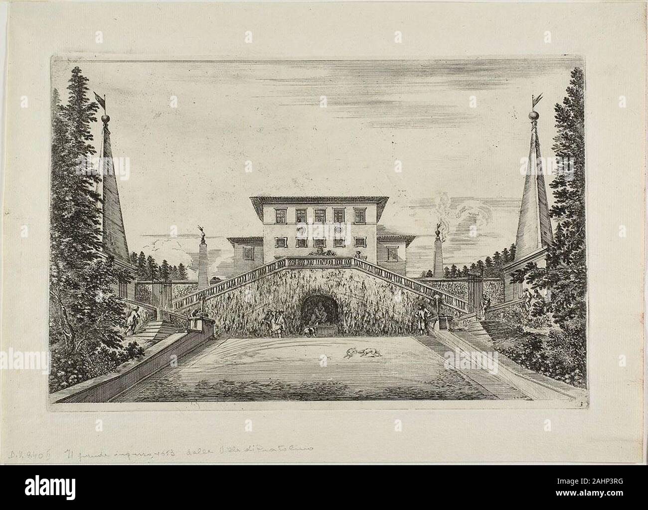 Stefano della Bella. South Facade of the Villa and the Great Meadow, from Views of the Villa Pratolino. 1653–1655. Italy. Etching on cream laid paper This view is from a set of six signed and numbered etchings of the Villa Pratolino in Florence and its famous park, fountains, and grottoes. The villa, which was destroyed in 1822, was created around 1569-84 for Grand Duke Francesco I de’ Medici based on the designs of Bernardo Buontalenti and others. This set of plates was so popular that it continued to be printed into the 18th century. Stock Photo