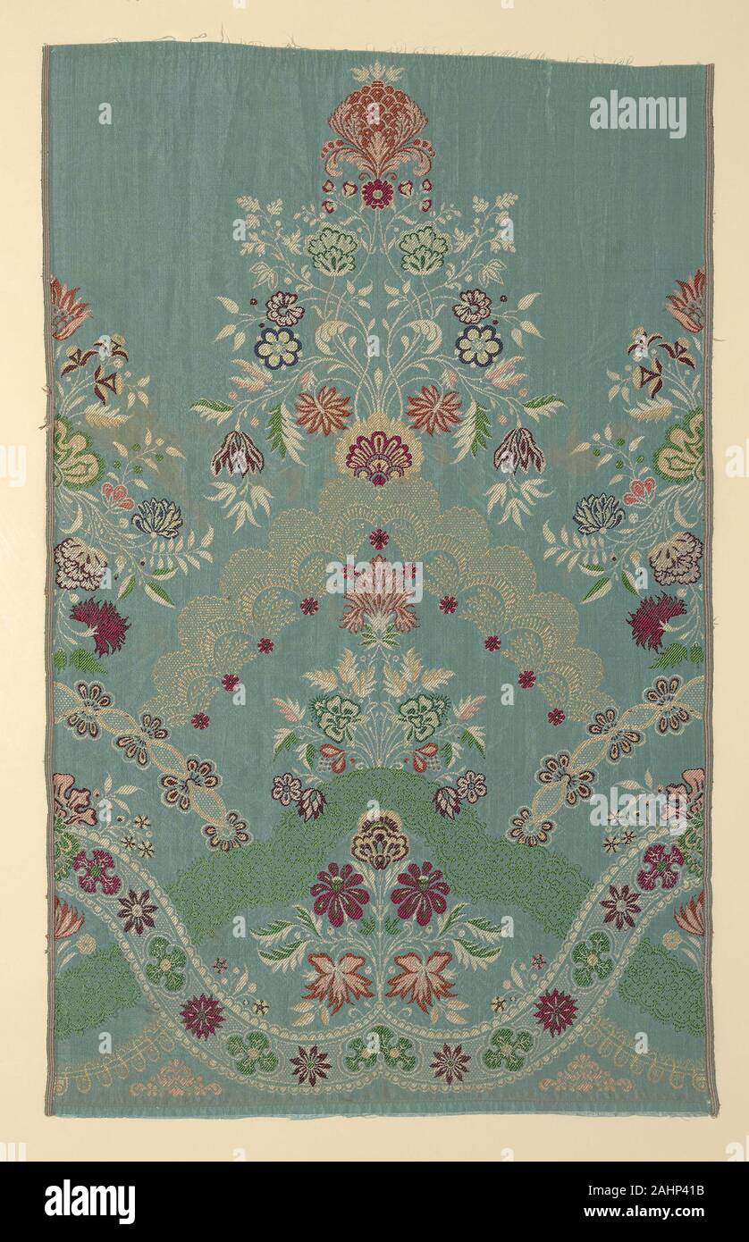 Panel. 1715–1735. England. Silk, warp-faced, weft-ribbed plain weave with weft-float faced twill interlacings of secondary binding warps and supplementary brocading wefts à la disposition Stock Photo