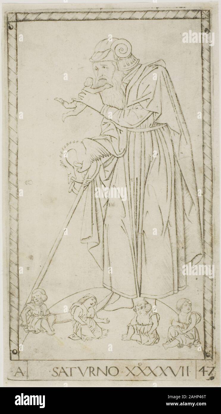 Master of the E-Series Tarocchi. Saturn, plate 47 from Planets and Spheres. 1460–1470. Italy. Engraving on paper Saturn is part of a 50-card set known as the Tarocchi, which were not tarot cards but which probably served a didactic purpose as a memory game. The unknown artist worked in a strongly linear, dry style with a touch of the grotesque. These engravings emphasize the gods’ mythology over their astrological significance. The prints present curious details, such as Saturn devouring his particularly tiny children (who would survive and later defeat him). Stock Photo