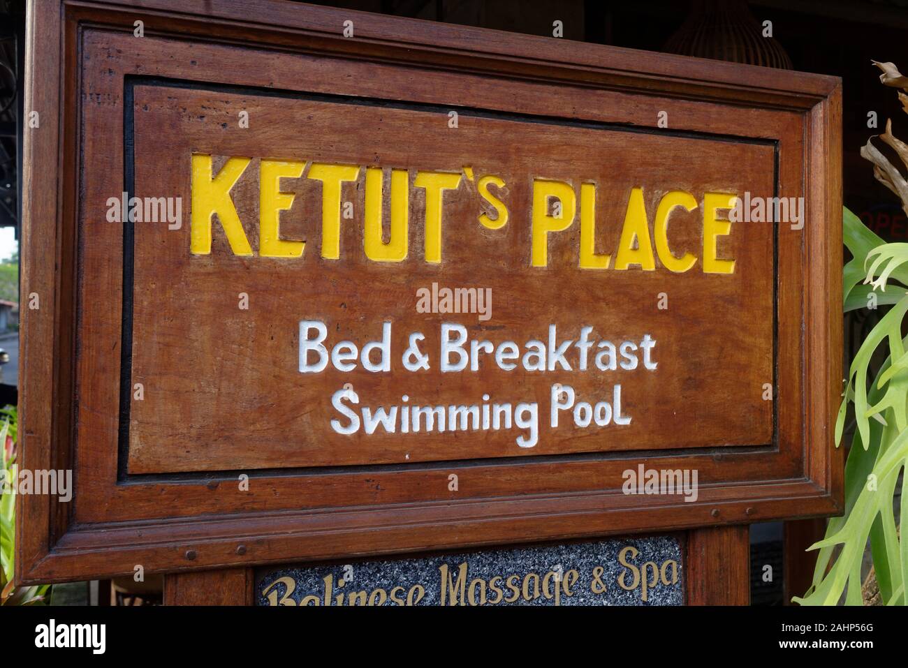 wooden sign for Ketut's Place, a bed and breakfast in Ubud, Bali, indonesia  Stock Photo - Alamy