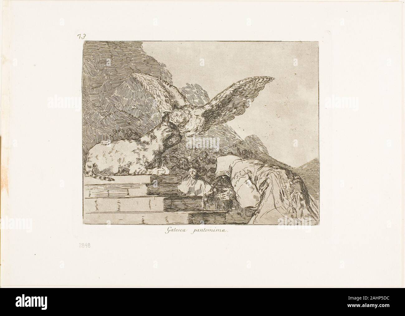 Francisco José de Goya y Lucientes. Feline pantomime, plate 73 from The Disasters of War. 1815–1820. Spain. Etching, burin, and burnishing on ivory wove paper with gilt edges Stock Photo