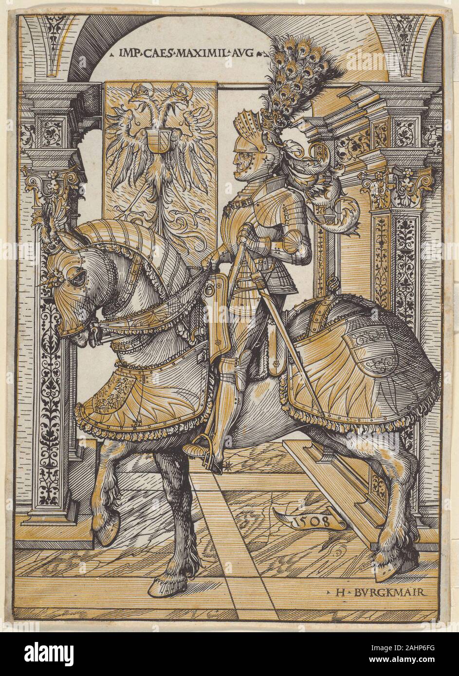 Hans Burgkmair, the elder. Equestrian Portrait of the Emperor Maximilian I. 1508. Germany. Woodcut from two blocks in black and gold on vellum This unique woodcut is printed in black and powdered gold inks on vellum. It may be the most opulent result of the Emperor Maximilian’s competition with Elector Frederick the Wise of Saxony and his court artist, Lucas Cranach. That contest produced an early form of chiaroscuro printing, a technique using black line blocks and colored tone or blocks for lighting effects. Indeed, as the only known impression of the Equestrian Portrait printed in black and Stock Photo