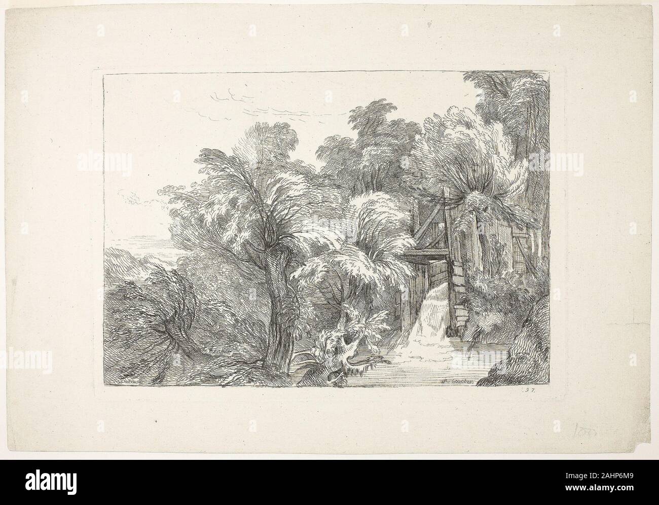 François Boucher. A Mill Lock in the Middle of Willows, plate 97 from Figures de différents caractères, de Paysages, et d’Etudes dessinées d'après nature (Figures of Different Characters, Landscapes, and Studies Drawn from Nature). 1726. France. Etching on ivory laid paper Stock Photo