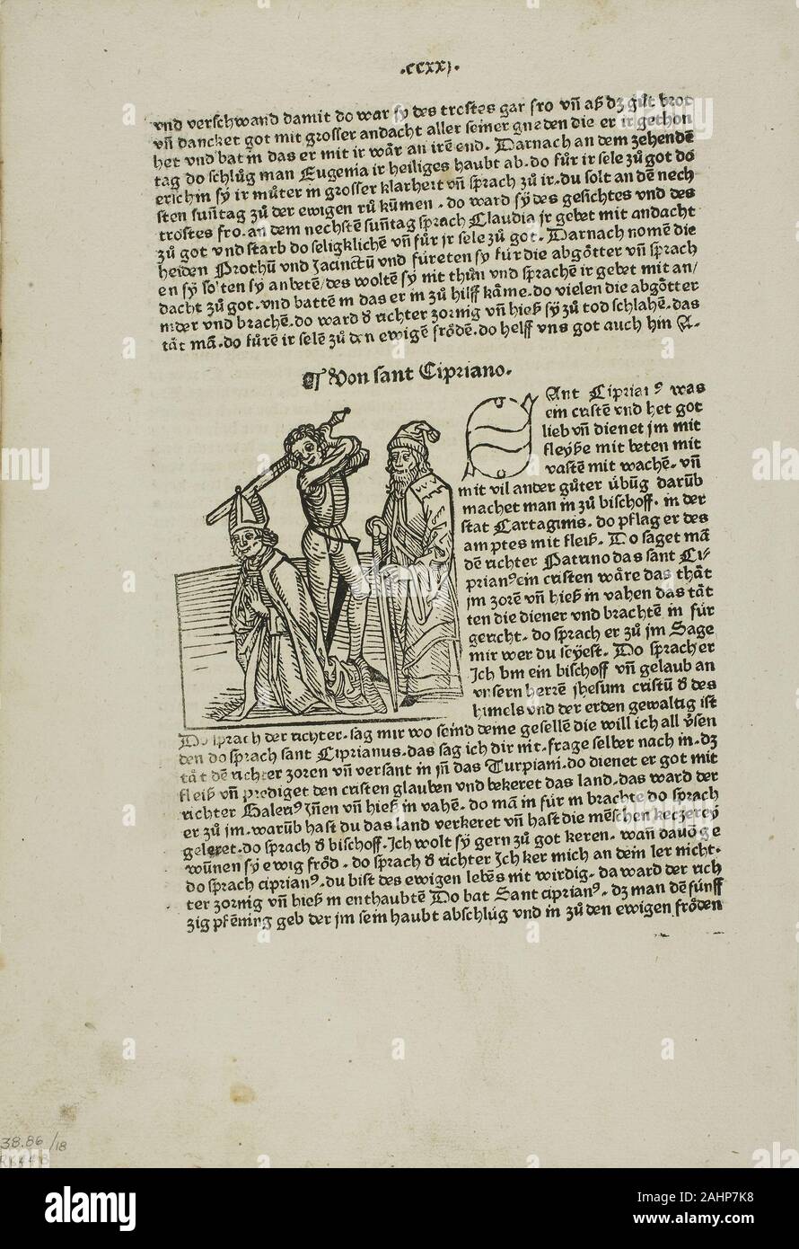 Master of the Boccaccio Illustrations. Martyrdom of Saint Cipriano from Heiligenleben (Lives of the Saints), Plate 18 from Woodcuts from Books of the 15th Century. 1481. Netherlandish. Woodcut in black, and letterpress in black (recto and verso), on cream laid paper This simple woodcut book illustration, from an early printed edition of Jacobus de Voragine’s famous Lives of the Saints, depicts the martyrdom of the now little-known Saint Cipriano. This theologian quickly rose in the ranks of the Church, becoming bishop of Carthage in A.D. 248. After serving for a decade, Cipriano fled and survi Stock Photo