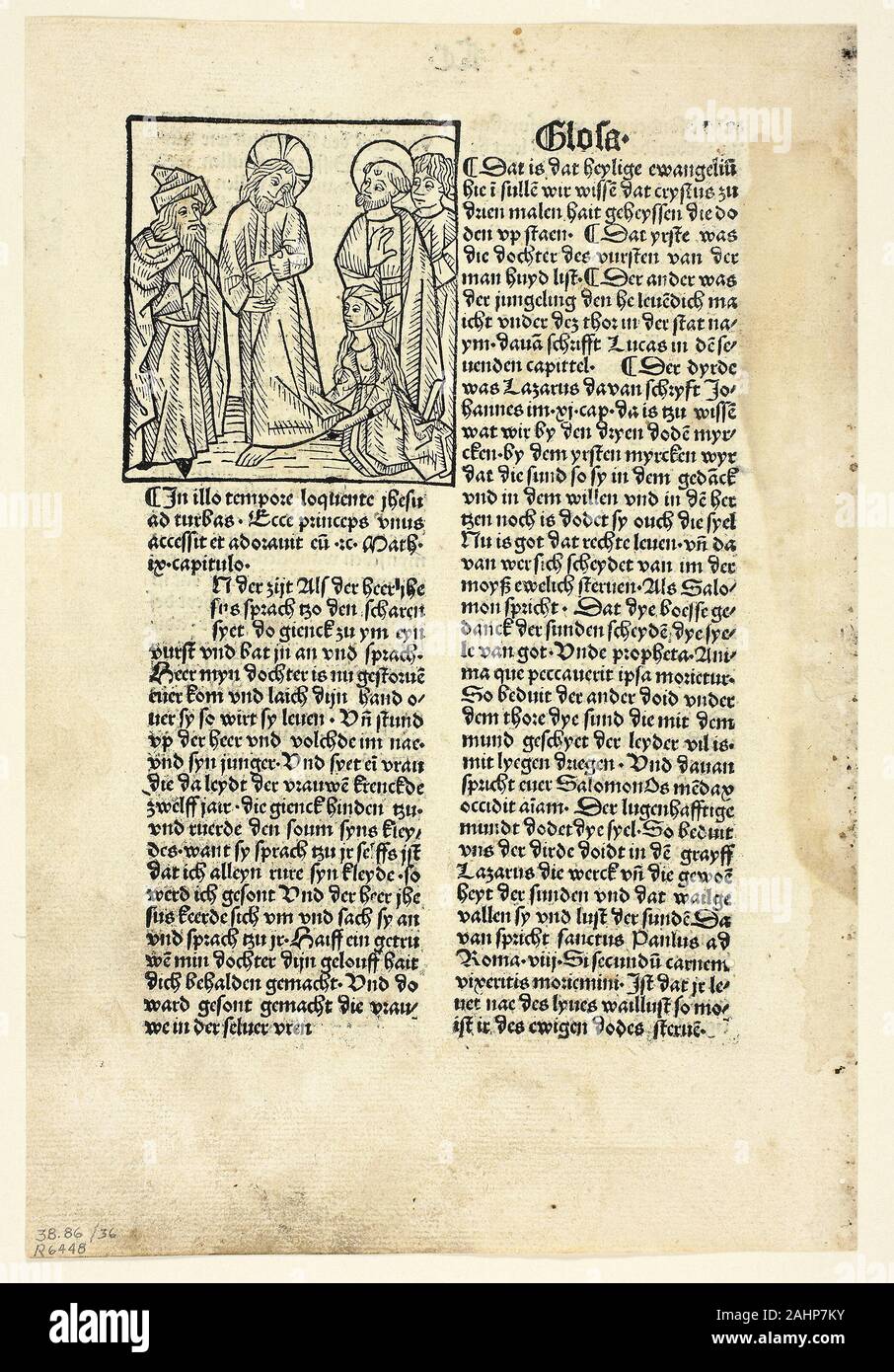 Unknown artist (Illustrator). The Woman Healed of an Issue of Blood from Plenarium (also called Deutsche Evangelien und Episteln, or German Gospels and Epistles), Plate 36 from Woodcuts from Books of the 15th Century. 1489. Germany. Woodcut in black, and letterpress in black (recto and verso), on buff laid paper, tipped onto cream wove paper mat Stock Photo