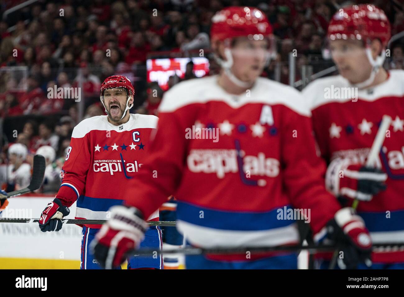 Washington, United States. 31st Dec, 2019. Washington Capitals left wing Alex Ovechkin (8) skates after a stoppage in play during the second period as the Capitals play the New York Islanders at Capital One Arena in Washington, DC on Tuesday, December 31, 2019. The Washington Capitals finish the decade as the winningest team in the NHL with 465 wins since 2010. Photo by Alex Edelman/UPI Credit: UPI/Alamy Live News Stock Photo