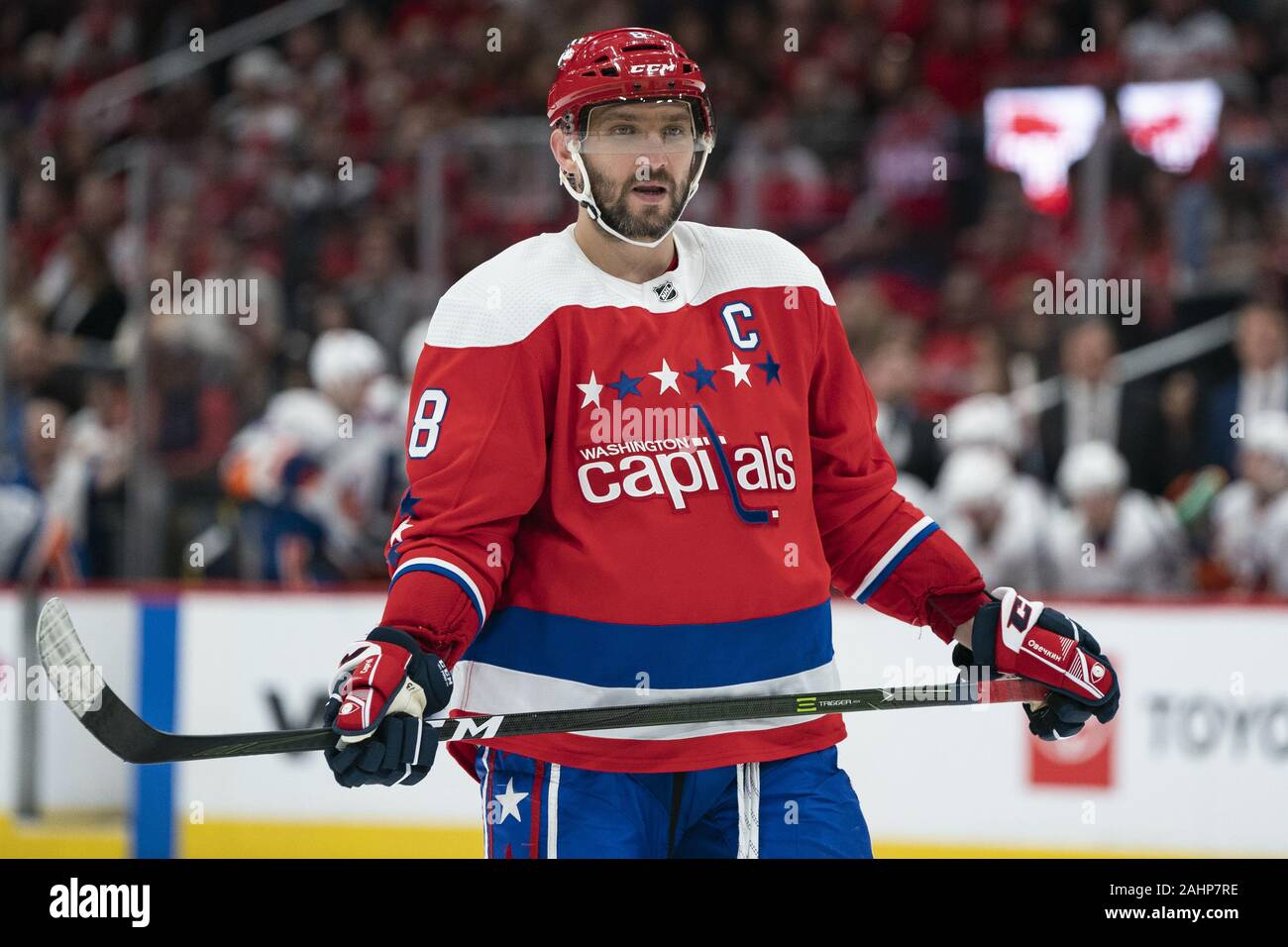 Washington, United States. 31st Dec, 2019. Washington Capitals left wing Alex Ovechkin (8) skates after a stoppage in play during the second period as the Capitals play the New York Islanders at Capital One Arena in Washington, DC on Tuesday, December 31, 2019. The Washington Capitals finish the decade as the winningest team in the NHL with 465 wins since 2010. Photo by Alex Edelman/UPI Credit: UPI/Alamy Live News Stock Photo