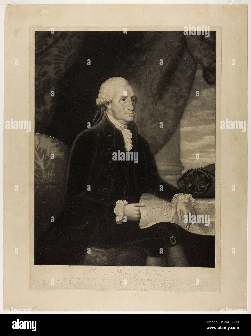 Edward Savage. George Washington. 1793. United States. Mezzotint with engraving in black on cream wove paper, laid down on cream wove paper (chine collé) Stock Photo