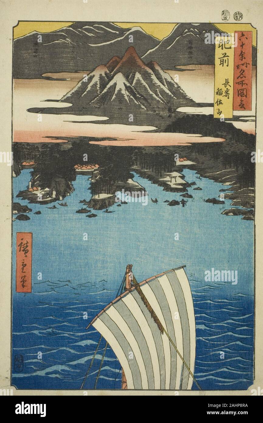 Utagawa Hiroshige. Hizen Province Mount Inasa in Nagasaki (Hizen, Nagasaki Inasayama), from the series Famous Places in the Sixty-odd Provinces (Rokujuyoshu meisho zue). 1853. Japan. Color woodblock print; oban Stock Photo