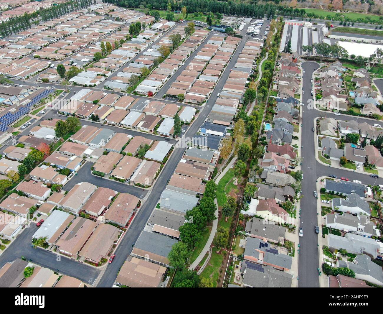 Aerial view of urban sprawl Suburban packed homes neighborhood with