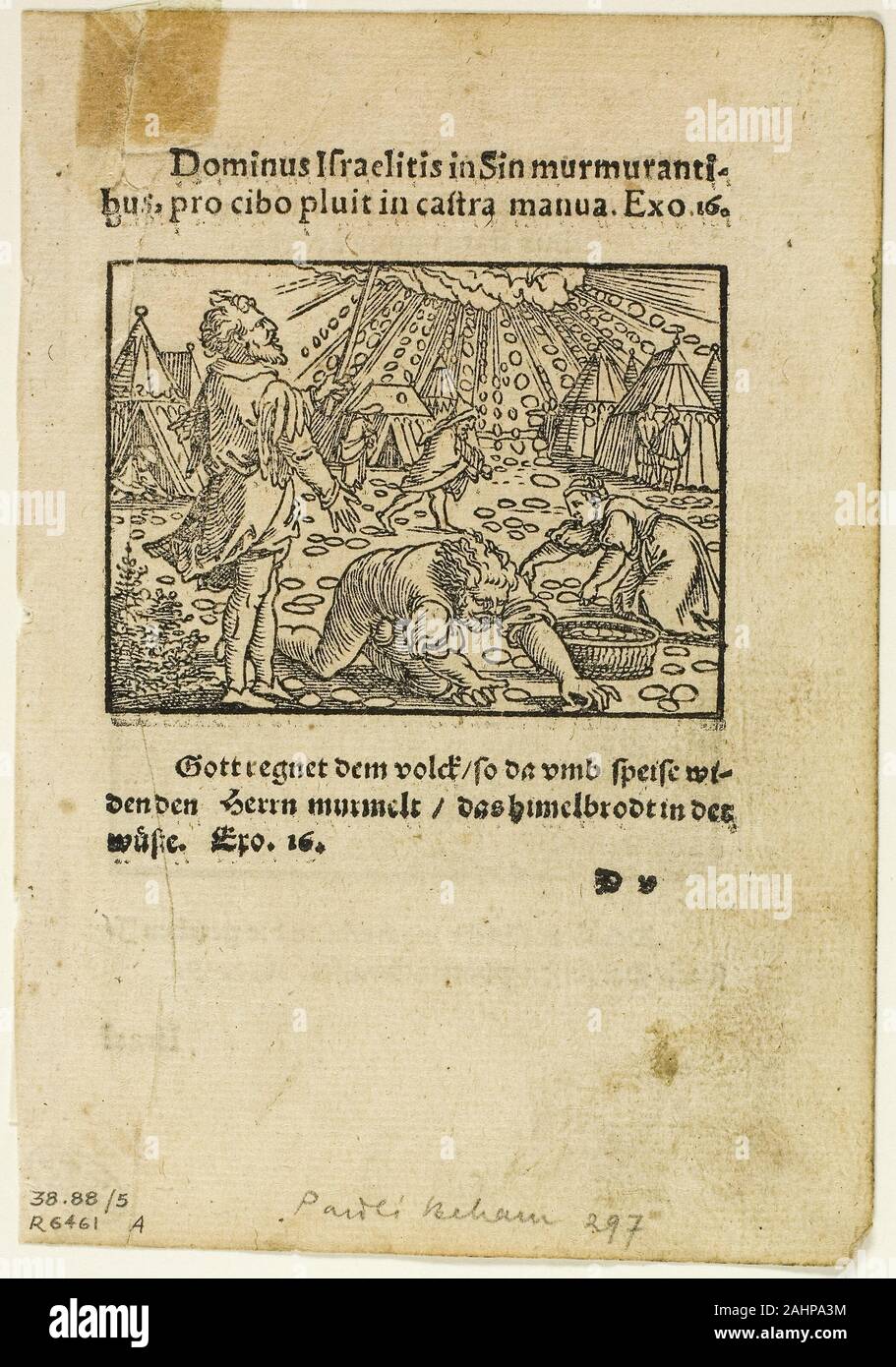 Hans Sebald Beham. The Rain of Manna from Biblische Historien Künstlich fürgemalt, plate five from Woodcuts from Books of the XVI Century. 1551. Germany. Woodcut in black on tan laid paper Stock Photo