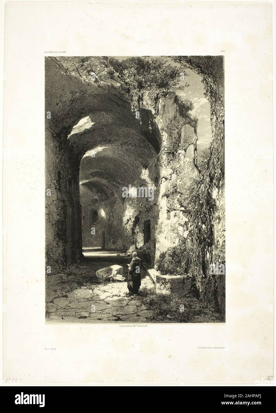 Alexandre Calame. Ruin of an Amphitheatre at Pouzzoles (Kingdom of Naples),  plate 9 from Oeuvres de A. Calame. 1851. Switzerland. Lithograph on buff  chine collé, laid down on off-white wove paper Ruin