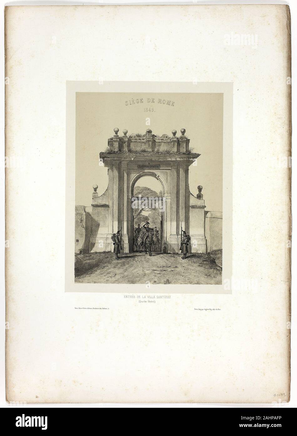 Denis Auguste Marie Raffet. Entering the Villa Santucci, from Souvenirs d’Italie Expédition de Rome. 1850. France. Lithograph in black over a fawn tint on buff wove chine laid down on ivory wove paper Stock Photo
