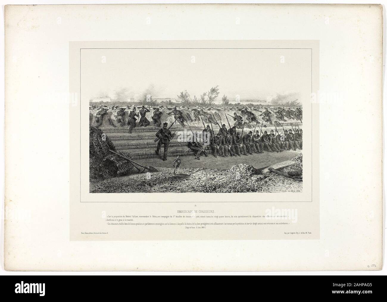 Denis Auguste Marie Raffet. Light infantry ambush, from Souvenirs d’Italie Expédition de Rome. 1858. France. Lithograph in black on warm ivory wove chine laid down on off-white wove paper Stock Photo