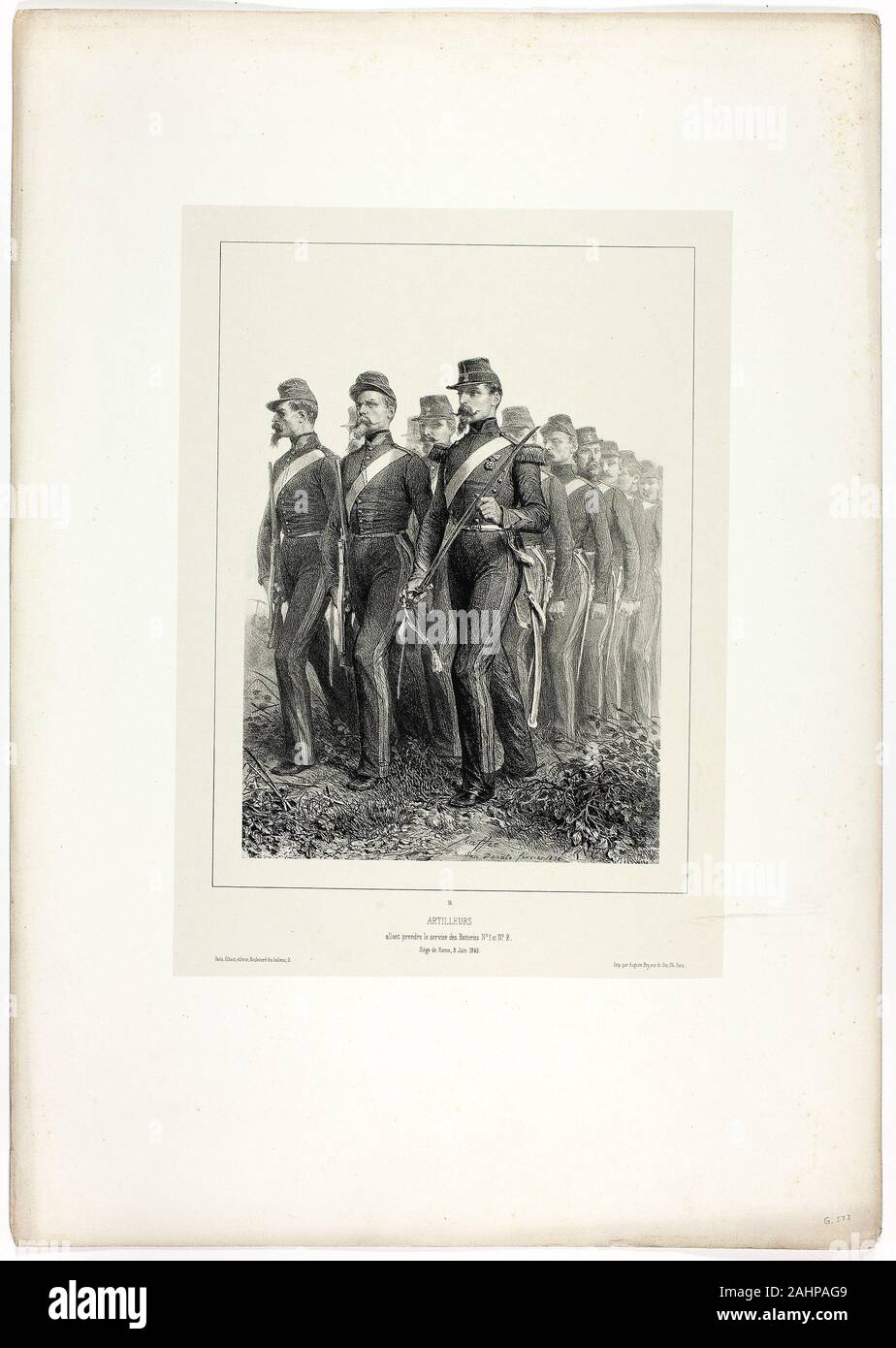 Denis Auguste Marie Raffet. Artillery men, from Souvenirs d’Italie Expédition de Rome. 1858. France. Lithograph in black on ivory wove chine laid down on ivory wove paper Stock Photo