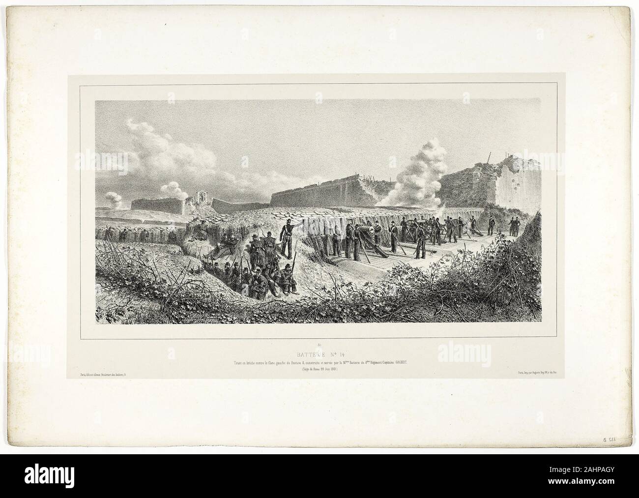 Denis Auguste Marie Raffet. Battery no.14, from Souvenirs d’Italie Expédition de Rome. 1859. France. Lithograph in black on warm ivory wove chine laid down on off-white wove paper Stock Photo