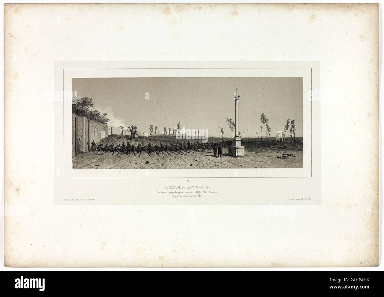 Denis Auguste Marie Raffet. Opening the First Parallel, from Souvenirs d’Italie Expédition de Rome. 1853. France. Lithograph in black over a grey-tan tint on ivory wove chine laid down on ivory wove paper Stock Photo