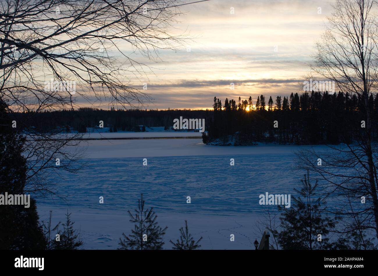 Lac Brochet winter picture, Lake view at winter on evening, Lac Brochet, Saint-David-de-Falareau, Quebec, Canada Stock Photo