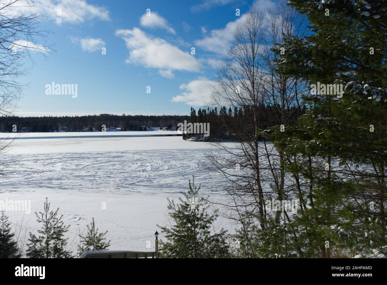 Lac Brochet winter picture, Lake view at winter in a sunny day, Lac Brochet, Saint-David-de-Falareau, Quebec, Canada Stock Photo