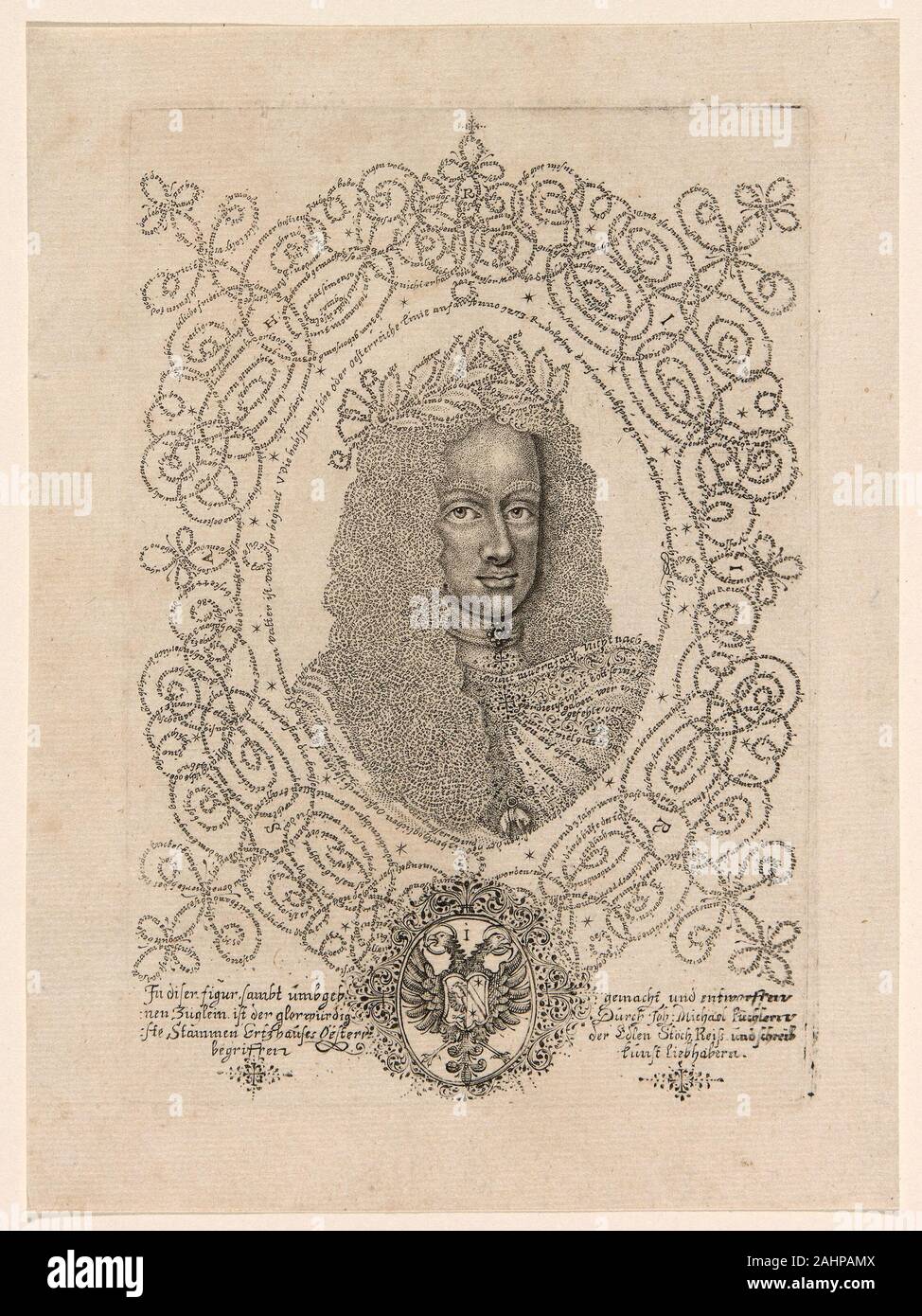 Johann Michael Püchler. Joseph I (August), Holy Roman Emperor. 1700–1710. Germany. Engraving in black on ivory laid paper The technique of micrography, in which artists use microscopic script to realize abstract designs or figurative representations, traces its origins to Islamic and Judaic traditions of image-making with minute letter forms. In the early 18th century Germany artists such as Johann Michael Püchler and Matthias Buchinger also practiced the art form, creating ingenious images that required great dexterity from their creators and sustained scrutiny from their viewers. These two p Stock Photo