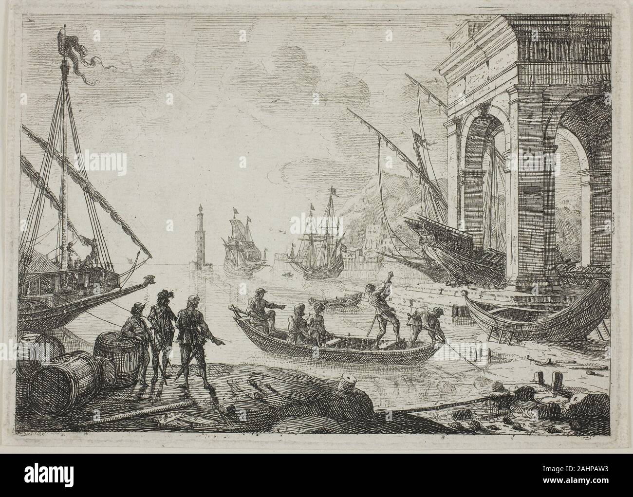 Claude Lorrain. Harbor Scene with a Lighthouse. 1638–1641. France. Etching on ivory laid paper Claude arrived in Rome around 1613 and apprenticed himself to Agostino Tassi, a landscape painter. Except for a brief return to his native Nancy in 1627, he remained in Rome for the rest of his life. Stock Photo
